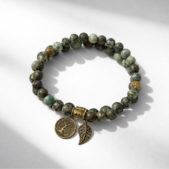 Earthroot Charm: African Turquoise Bracelet Tree of Life and Leaf Bracelet Stack - Picture 2 of 4